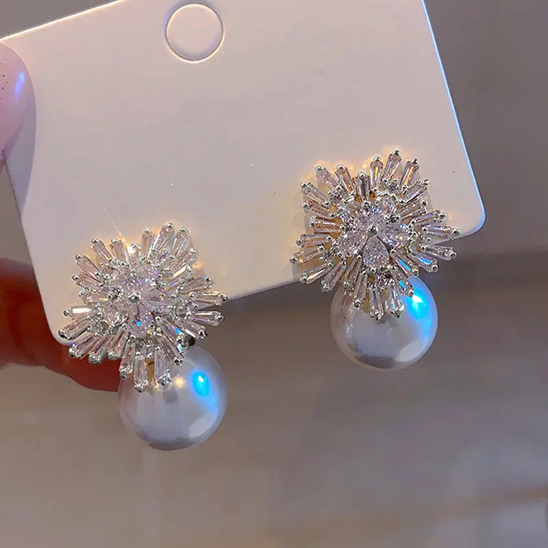 Huitan Sparkling CZ Flower Imitation Pearl Earrings Women Gorgeous Accessories for Wedding Engagement Party Hot Trendy Jewelry