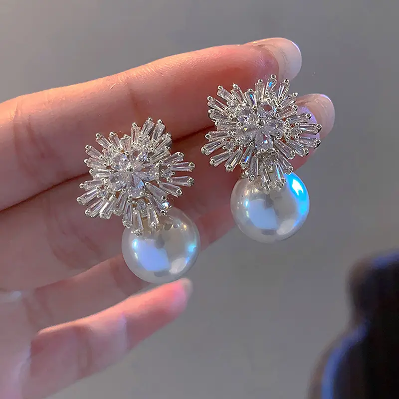 Huitan Sparkling CZ Flower Imitation Pearl Earrings Women Gorgeous Accessories for Wedding Engagement Party Hot Trendy Jewelry