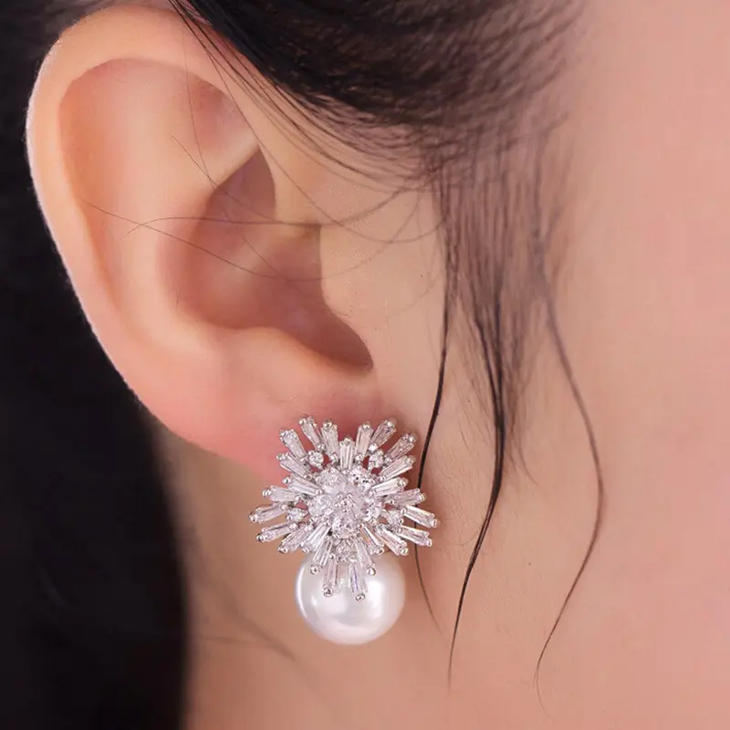 Huitan Sparkling CZ Flower Imitation Pearl Earrings Women Gorgeous Accessories for Wedding Engagement Party Hot Trendy Jewelry