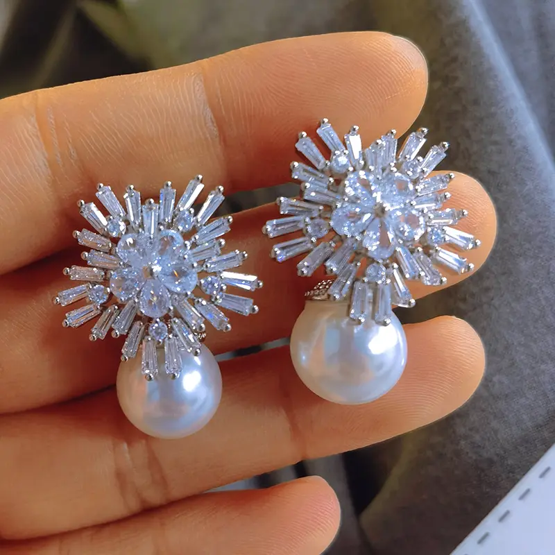 Huitan Sparkling CZ Flower Imitation Pearl Earrings Women Gorgeous Accessories for Wedding Engagement Party Hot Trendy Jewelry