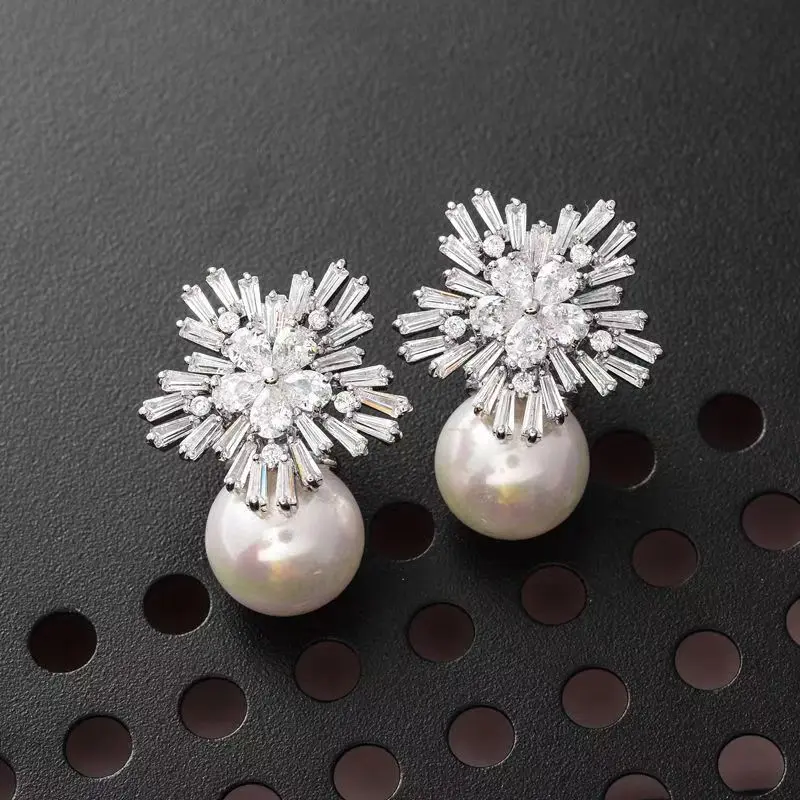 Huitan Sparkling CZ Flower Imitation Pearl Earrings Women Gorgeous Accessories for Wedding Engagement Party Hot Trendy Jewelry