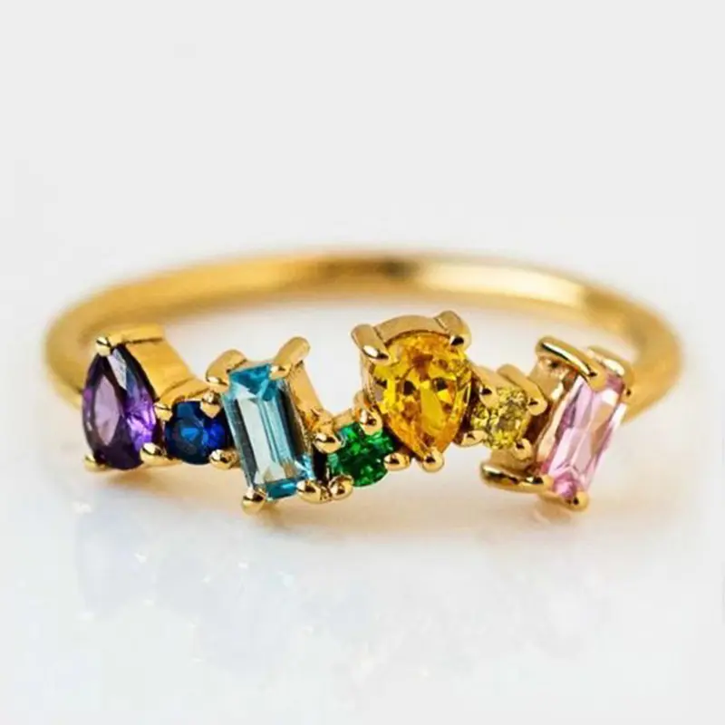 Huitan Trendy Rainbow Rings for Women Paved Geometric Colored Cubic Zirconia Modern Design Wedding Band Party Jewelry Fancy Gift