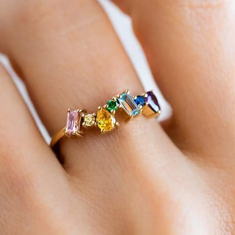 Huitan Trendy Rainbow Rings for Women Paved Geometric Colored Cubic Zirconia Modern Design Wedding Band Party Jewelry Fancy Gift