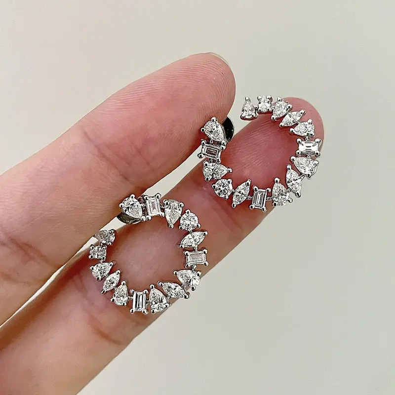 Huitan Circle Stud Earrings for Women Luxury Waterdrop Marquise Square Round CZ Newest Fashion Female Accessories Ear Jewelry