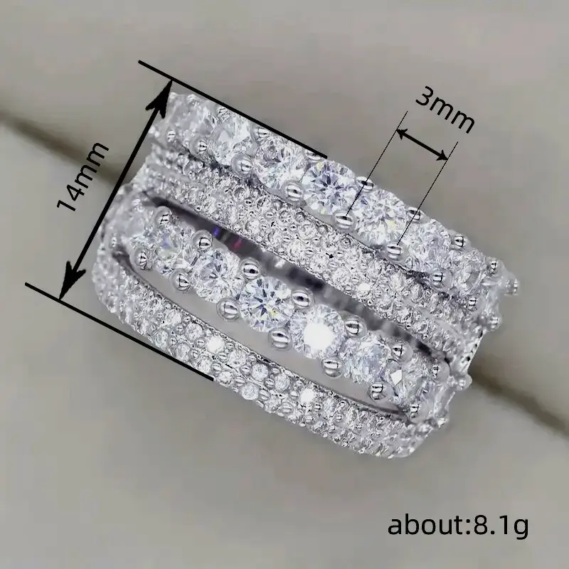 Huitan Gorgeous Wide Rings Female Engagement Party Accessories Silver Color Bright Cubic Zirconia Finger Jewelry for Anniversary