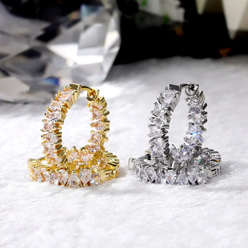 Huitan Brilliant Pear-shaped CZ Hoop Earrings for Women Crystal Cubic Zircon Stylish Female Accessories Versatile Trendy Jewelry