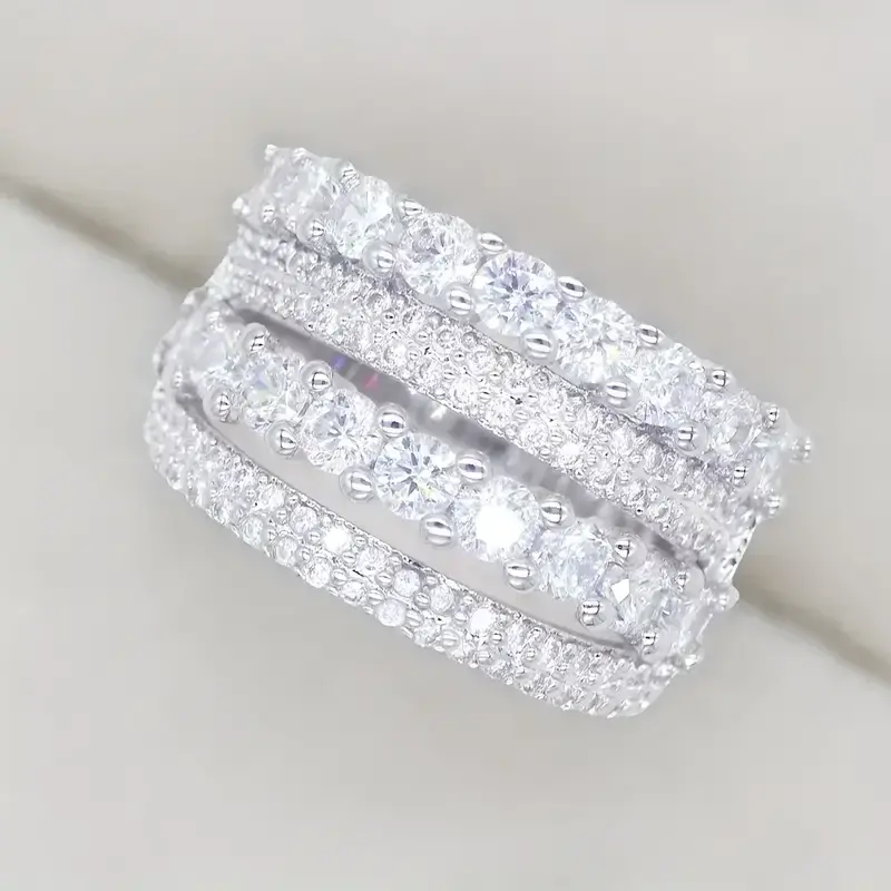 Huitan Gorgeous Wide Rings Female Engagement Party Accessories Silver Color Bright Cubic Zirconia Finger Jewelry for Anniversary
