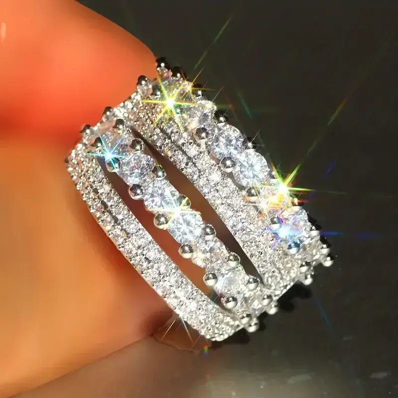 Huitan Gorgeous Wide Rings Female Engagement Party Accessories Silver Color Bright Cubic Zirconia Finger Jewelry for Anniversary