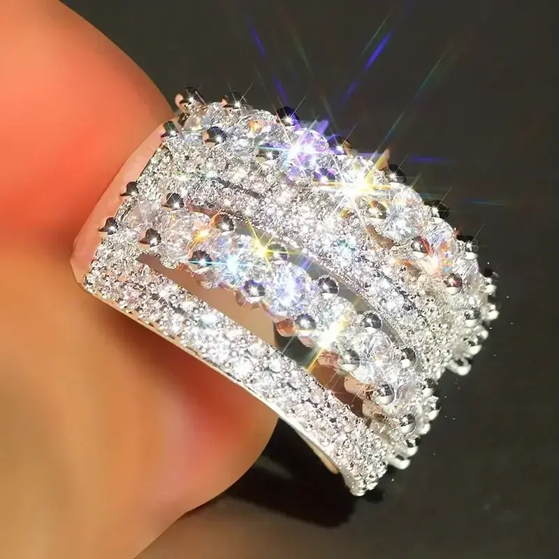 Huitan Gorgeous Wide Rings Female Engagement Party Accessories Silver Color Bright Cubic Zirconia Finger Jewelry for Anniversary
