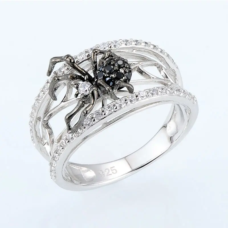 Huitan Black Spider Animal Female Jewelry White Spider Web Micro Paved Zircon Stone Fashion Women Personality Finger Ring