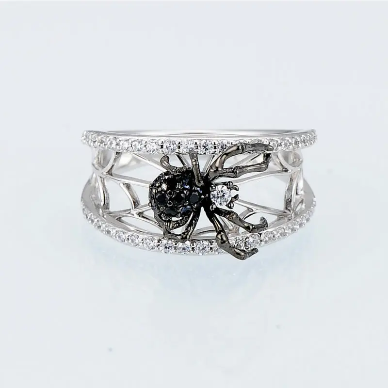 Huitan Black Spider Animal Female Jewelry White Spider Web Micro Paved Zircon Stone Fashion Women Personality Finger Ring