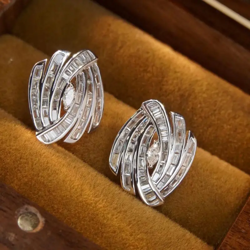 Huitan Irregular Stud Earrings Silver Color Luxury Paved Geometric Cubic Zirconia Crystal Earrings for Women Temperament Jewelry