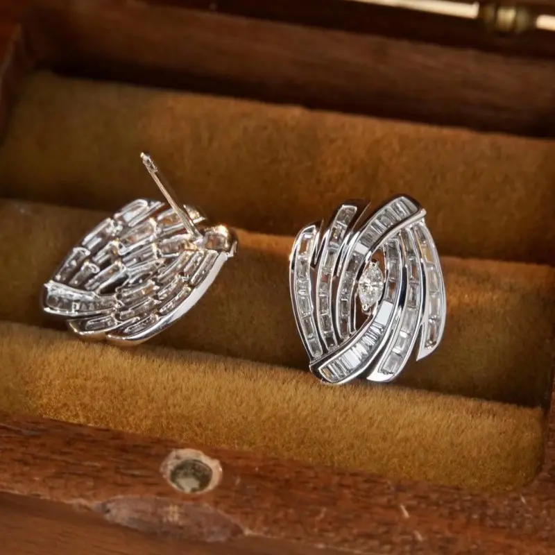 Huitan Irregular Stud Earrings Silver Color Luxury Paved Geometric Cubic Zirconia Crystal Earrings for Women Temperament Jewelry