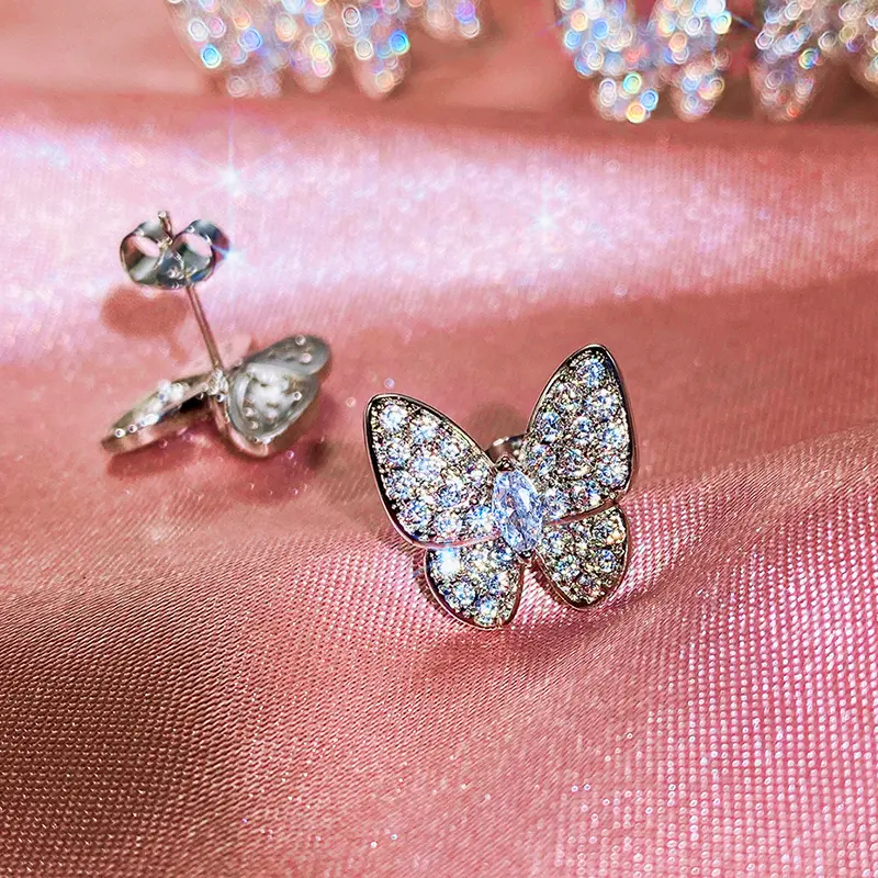 Huitan Luxury Crystal Butterfly Earrings for Women Full CZ Dazzling Fancy Female Stud Earrings Party Daily Wear Trendy Jewelry