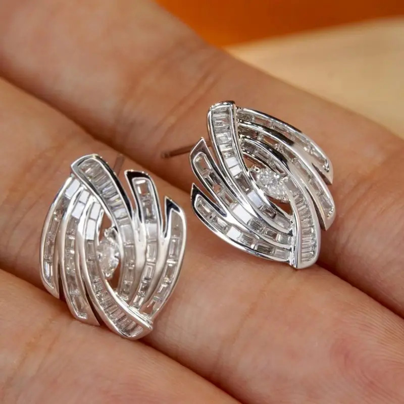 Huitan Irregular Stud Earrings Silver Color Luxury Paved Geometric Cubic Zirconia Crystal Earrings for Women Temperament Jewelry