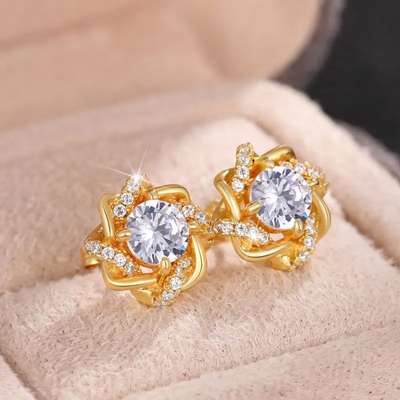 Huitan Dainty Gold Color Cubic Zirconia Stud Earrings for Women Fashion Contracted Design Bridal Wedding Earrings Luxury Jewelry
