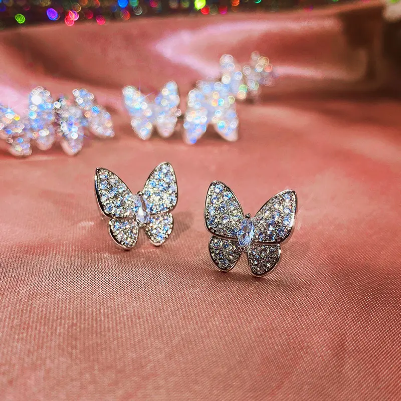 Huitan Luxury Crystal Butterfly Earrings for Women Full CZ Dazzling Fancy Female Stud Earrings Party Daily Wear Trendy Jewelry