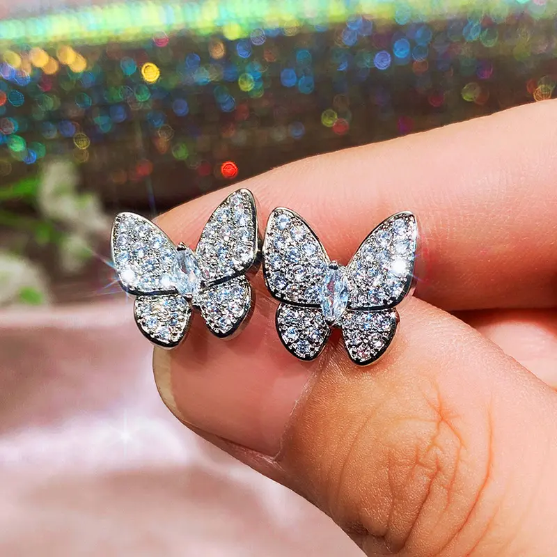 Huitan Luxury Crystal Butterfly Earrings for Women Full CZ Dazzling Fancy Female Stud Earrings Party Daily Wear Trendy Jewelry