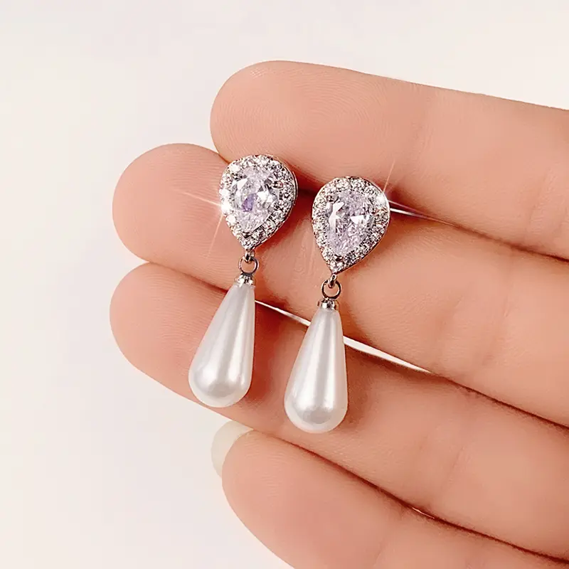 Huitan Bridal Imitation Pearl Drop Earrings New Trendy 2022 Women Earrings Luxury Silver Color Cubic Zirconia Elegant Jewelry