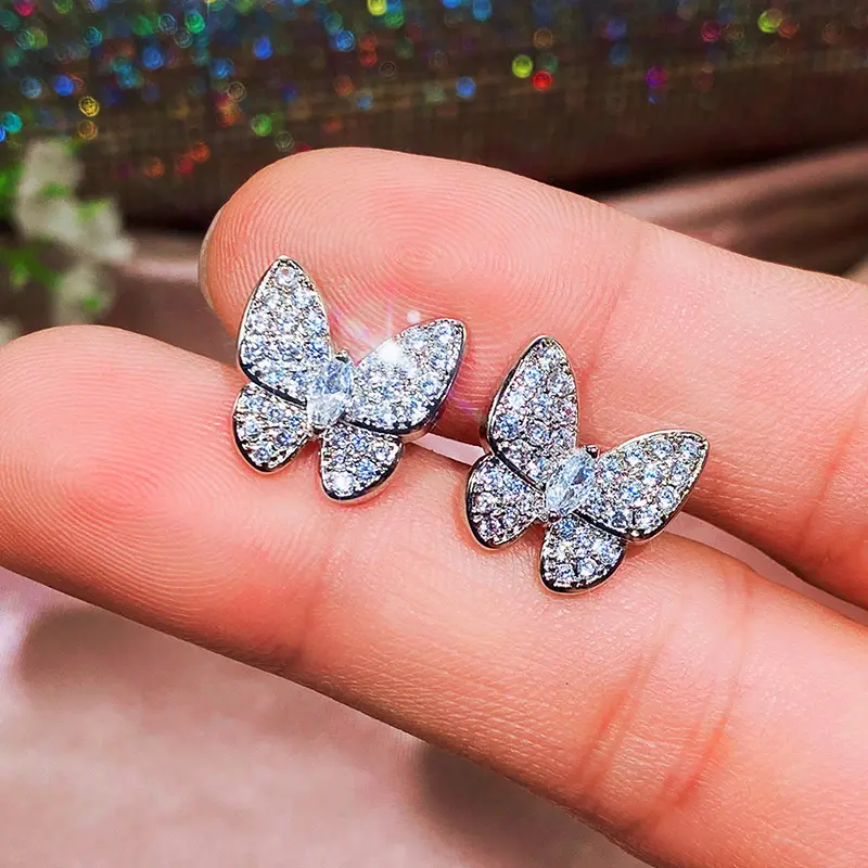 Huitan Luxury Crystal Butterfly Earrings for Women Full CZ Dazzling Fancy Female Stud Earrings Party Daily Wear Trendy Jewelry
