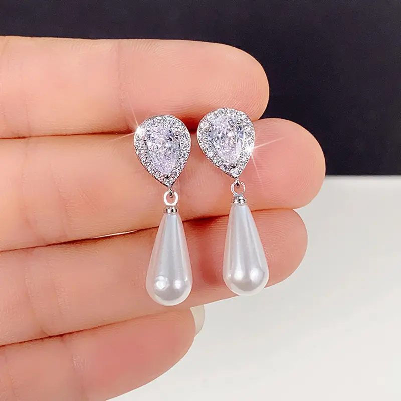 Huitan Bridal Imitation Pearl Drop Earrings New Trendy 2022 Women Earrings Luxury Silver Color Cubic Zirconia Elegant Jewelry
