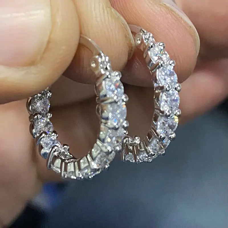 Huitan Simple Fashion Women's Hoop Earrings Silver Color Paved Round Cubic Zirconia Daily Wear Versatile Female Jewelry Dropship