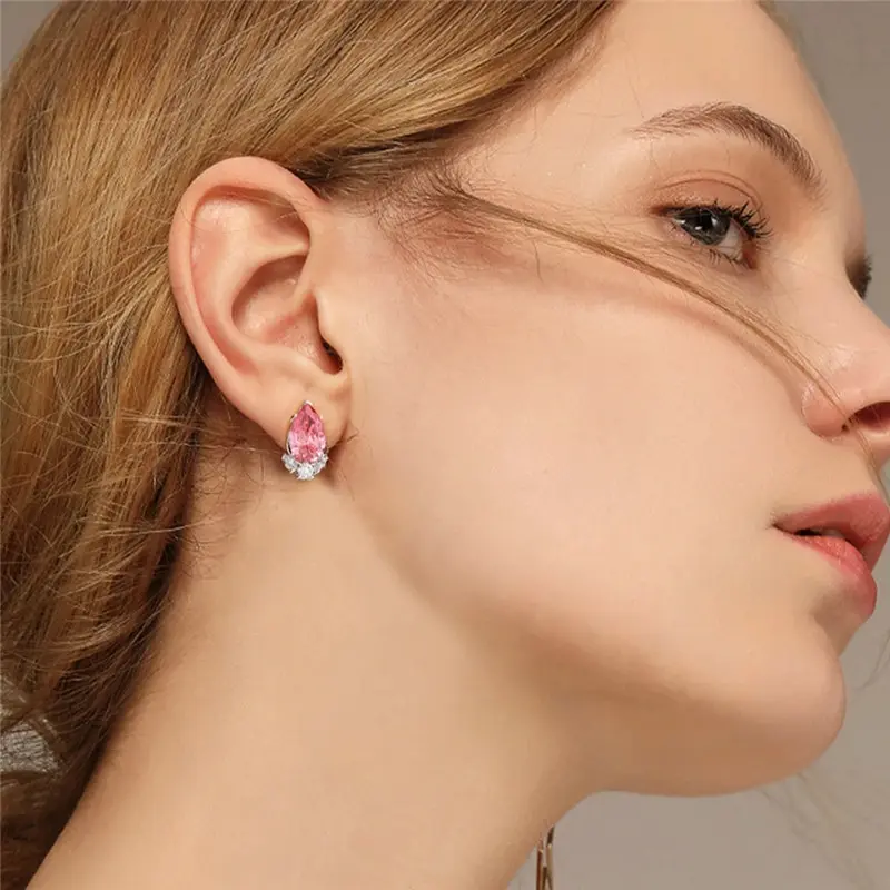 Huitan Newly Designed Pink/Blue Cubic Zirconia Earrings for Women Fashion Pear Shaped CZ Luxury Piercing Earrings Party Jewelry