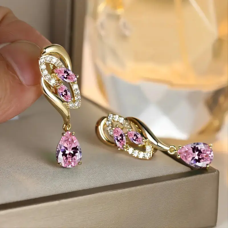 Huitan Trendy Pink Cubic Zircon Dangle Earrings for Women Gold Color Luxury Wedding Accessories Temperament Elegant Lady Jewelry