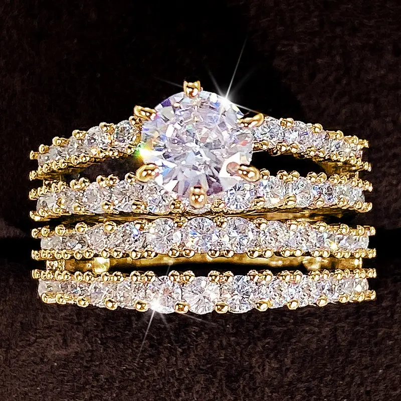 Huitan Sparkling 2Pcs Set Cubic Zirconia Rings for Women Wedding Engagement Fashion Jewelry Luxury Trendy Female Rings Wholesale