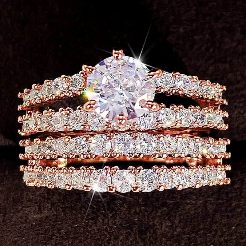 Huitan Sparkling 2Pcs Set Cubic Zirconia Rings for Women Wedding Engagement Fashion Jewelry Luxury Trendy Female Rings Wholesale