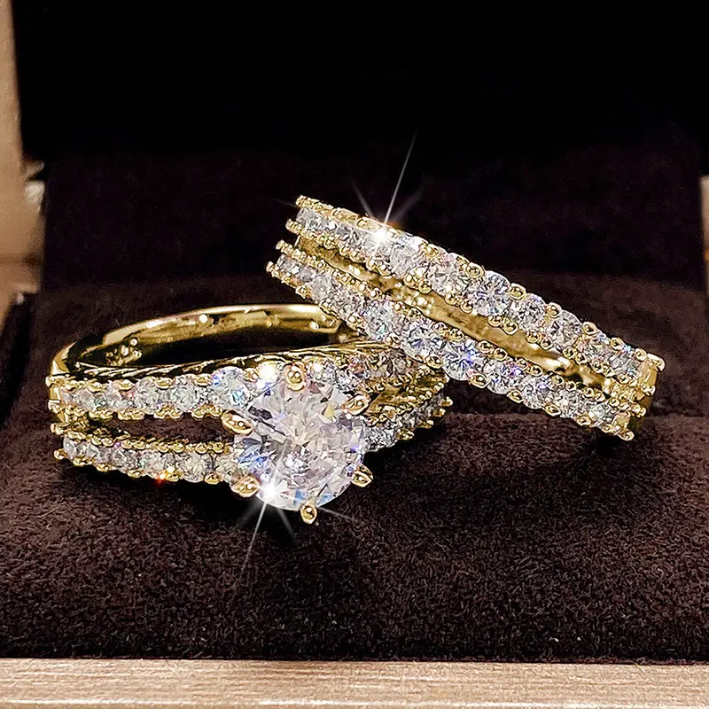 Huitan Sparkling 2Pcs Set Cubic Zirconia Rings for Women Wedding Engagement Fashion Jewelry Luxury Trendy Female Rings Wholesale