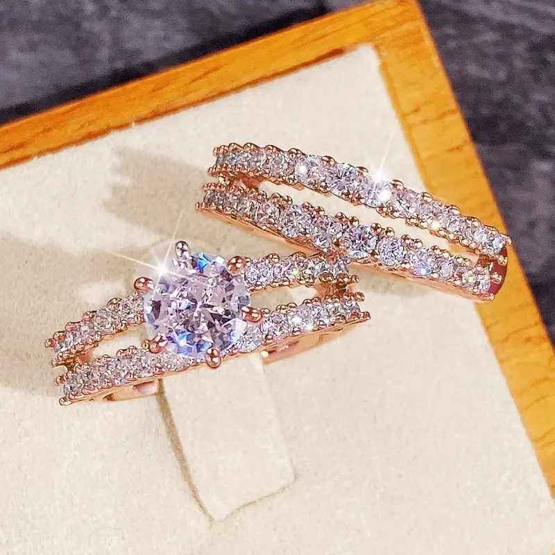 Huitan Sparkling 2Pcs Set Cubic Zirconia Rings for Women Wedding Engagement Fashion Jewelry Luxury Trendy Female Rings Wholesale