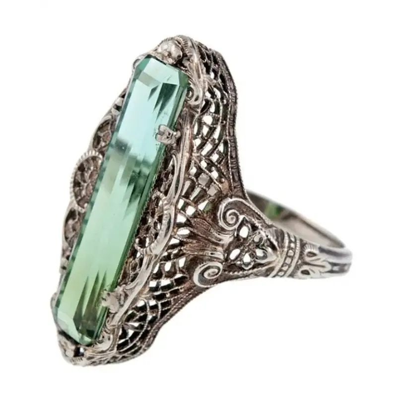 Huitan Gorgeous Green CZ Rings Women for Wedding Ceremony Party Hollow Out Flower Pattern Anniversary Gift New Fashion Jewelry