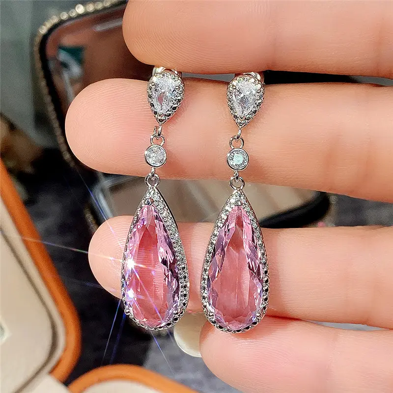 Huitan Luxury Big Water Drop Pink CZ Dangle Earrings for Women Novel Design Engagement Wedding Accessories Party Fashion Jewelry