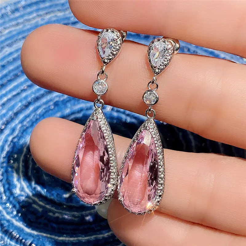 Huitan Luxury Big Water Drop Pink CZ Dangle Earrings for Women Novel Design Engagement Wedding Accessories Party Fashion Jewelry