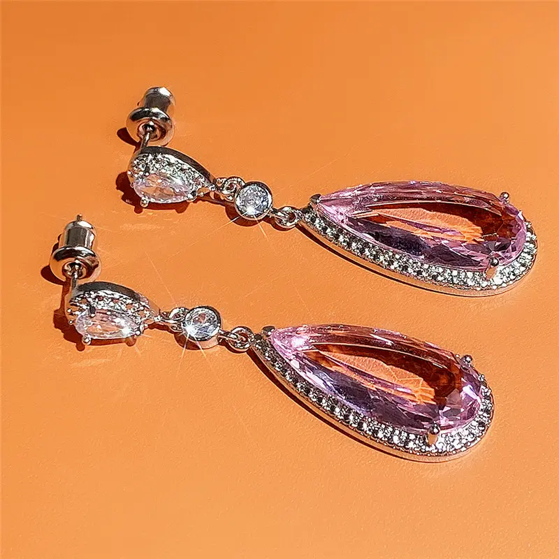 Huitan Luxury Big Water Drop Pink CZ Dangle Earrings for Women Novel Design Engagement Wedding Accessories Party Fashion Jewelry