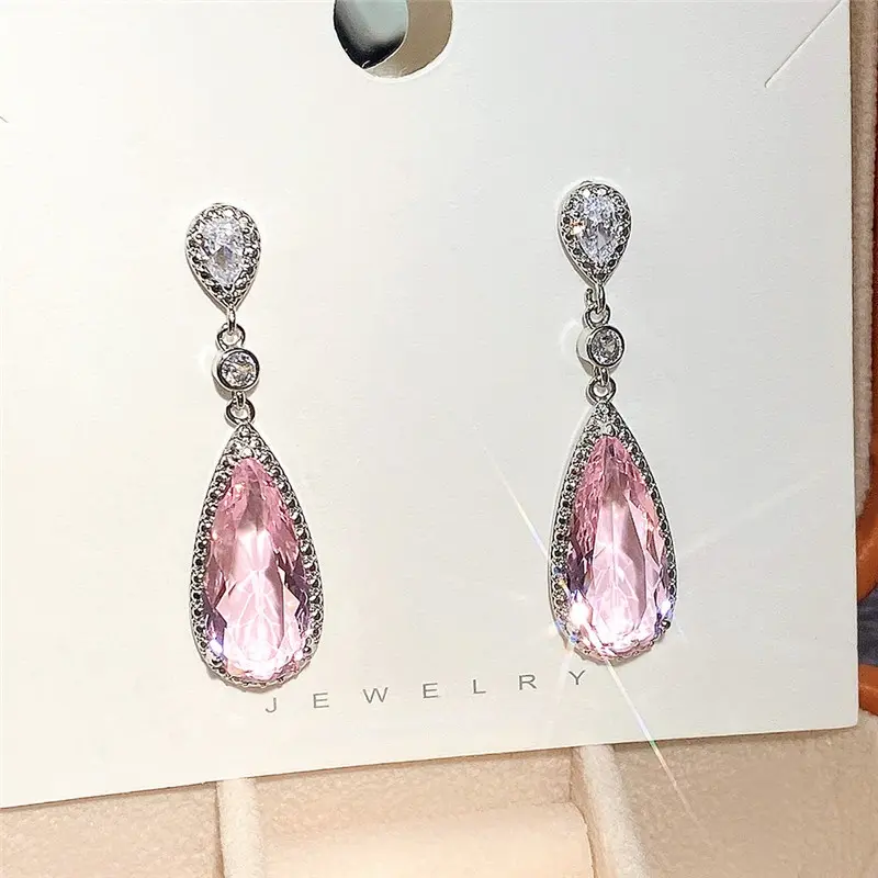 Huitan Luxury Big Water Drop Pink CZ Dangle Earrings for Women Novel Design Engagement Wedding Accessories Party Fashion Jewelry