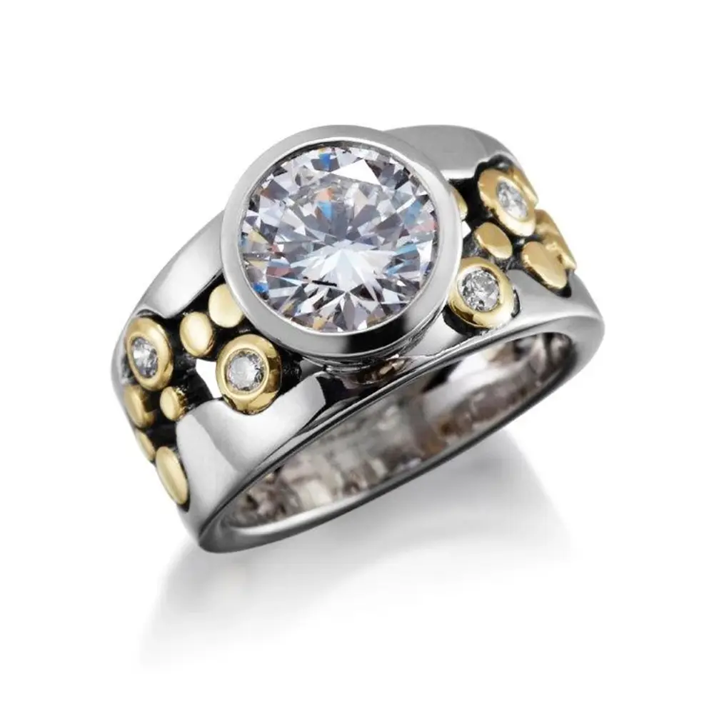 Huitan Newly Designed Lady's Finger Ring Hollow Out Wide Band Two Tone Luxury Rings Hip Hop Cool Girls Accessories Women Jewelry