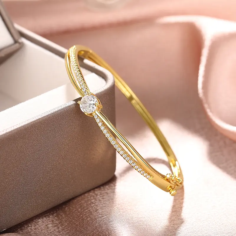 Huitan Luxury Cross Design Bangles Bracelet Female Gorgeous Wedding Jewelry with Bright Round Zirconia Fashion Women Engagement