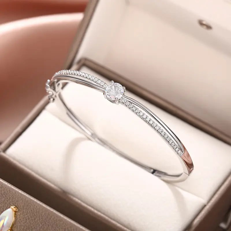 Huitan Luxury Cross Design Bangles Bracelet Female Gorgeous Wedding Jewelry with Bright Round Zirconia Fashion Women Engagement