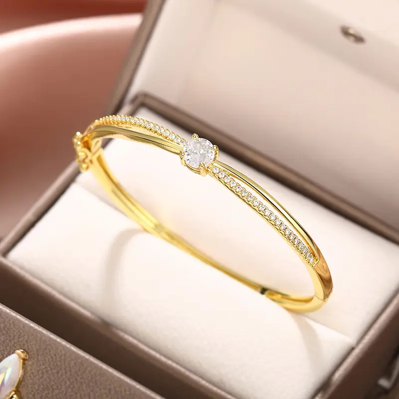 Huitan Luxury Cross Design Bangles Bracelet Female Gorgeous Wedding Jewelry with Bright Round Zirconia Fashion Women Engagement