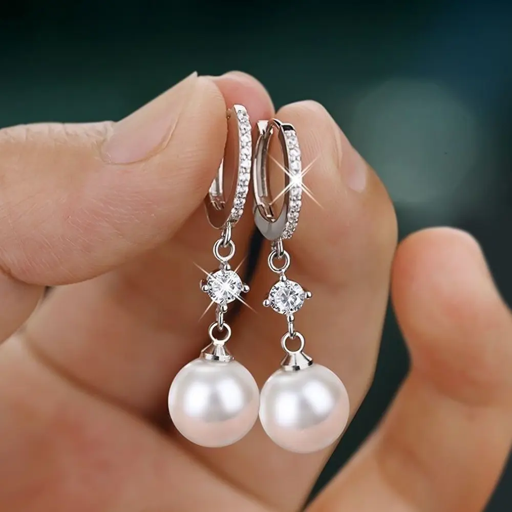 Huitan Silver Color Imitation Pearl Hanging Earrings for Women Simple and Classic Bridal Wedding Accessories Wholesale Jewelry