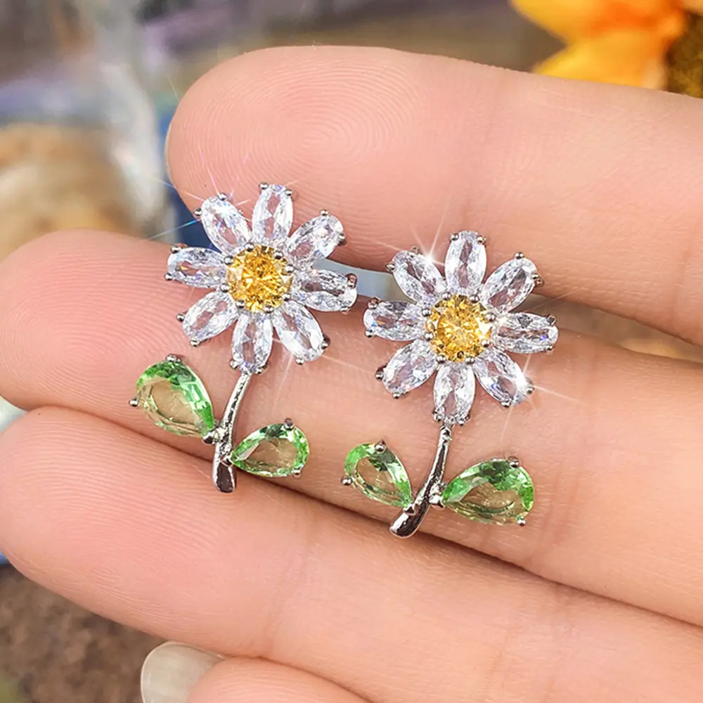 Huitan Women Daisy Stud Earrings with Green Leaf Yellow Flower Fancy Ear Accessories for Party Luxury CZ Earrings Trendy Jewelry