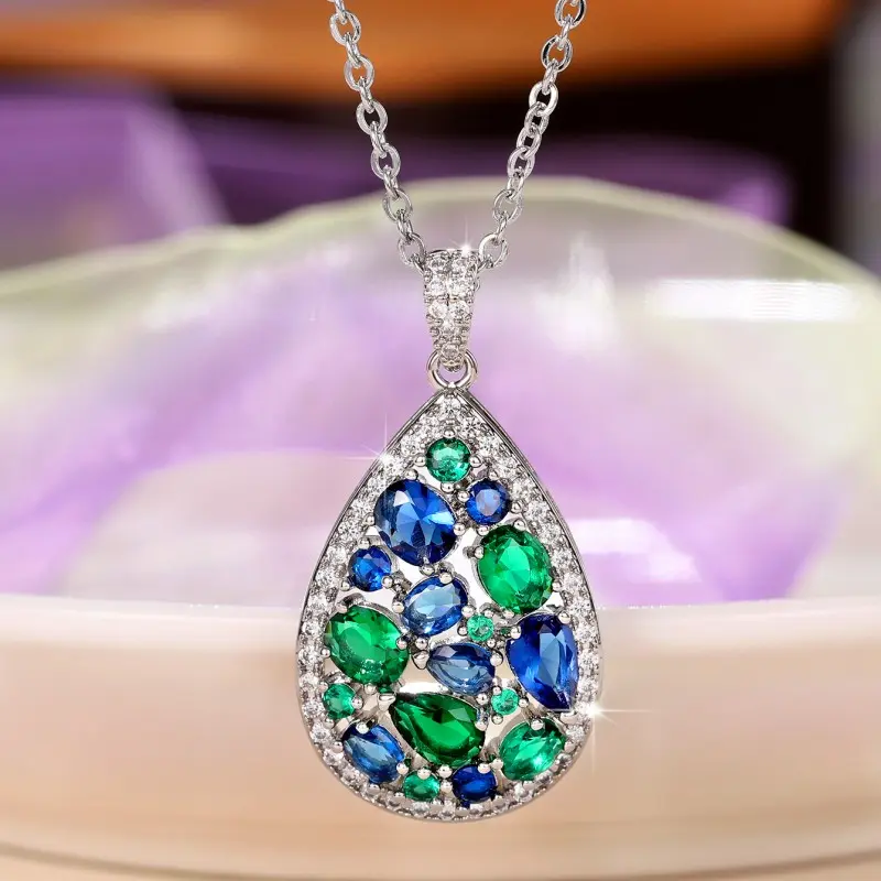 Huitan Colorful Cubic Zirconia Necklace Silver Color Pear Shape Pendant Fashion Luxury Women Wedding Engagement Party Jewelry