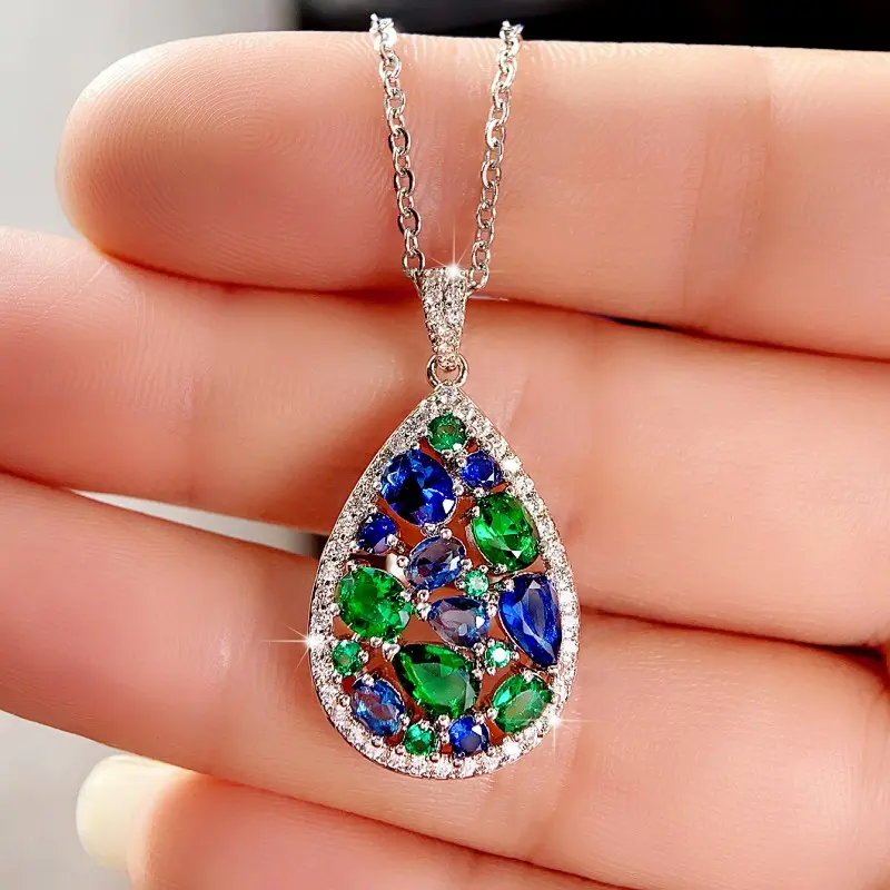 Huitan Colorful Cubic Zirconia Necklace Silver Color Pear Shape Pendant Fashion Luxury Women Wedding Engagement Party Jewelry