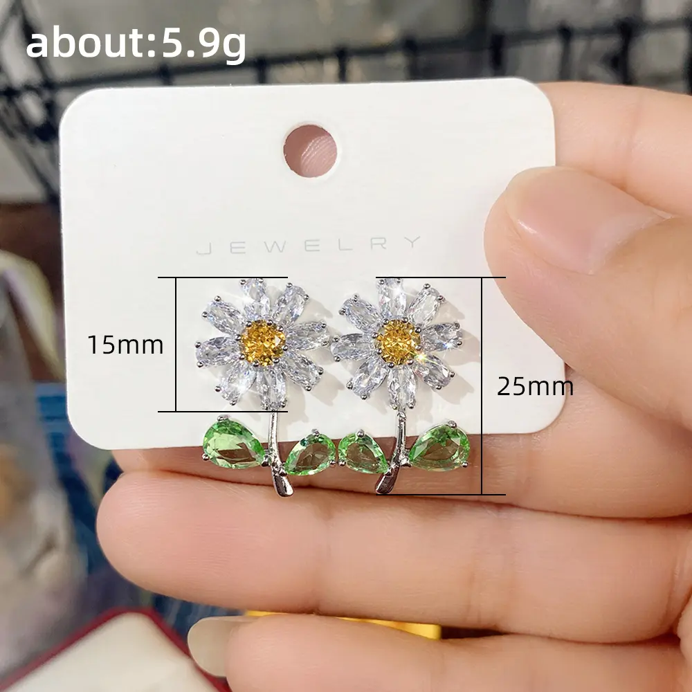 Huitan Women Daisy Stud Earrings with Green Leaf Yellow Flower Fancy Ear Accessories for Party Luxury CZ Earrings Trendy Jewelry