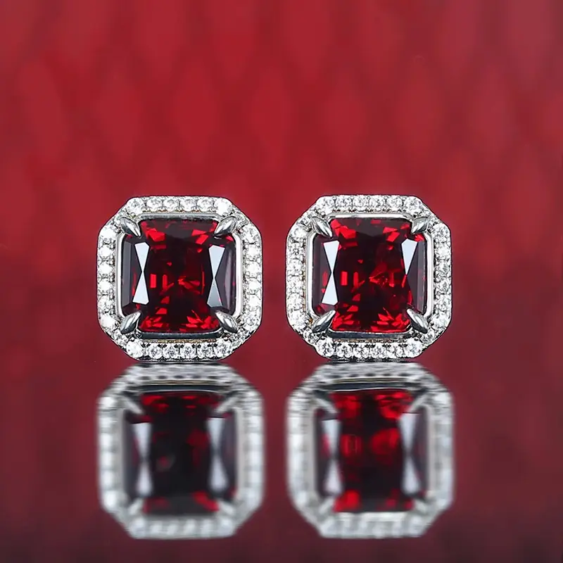 Huitan Square Shaped Red Cubic Zirconia Stud Earrings Women Silver Color Temperament Accessories Fancy Gift for Wedding Jewelry