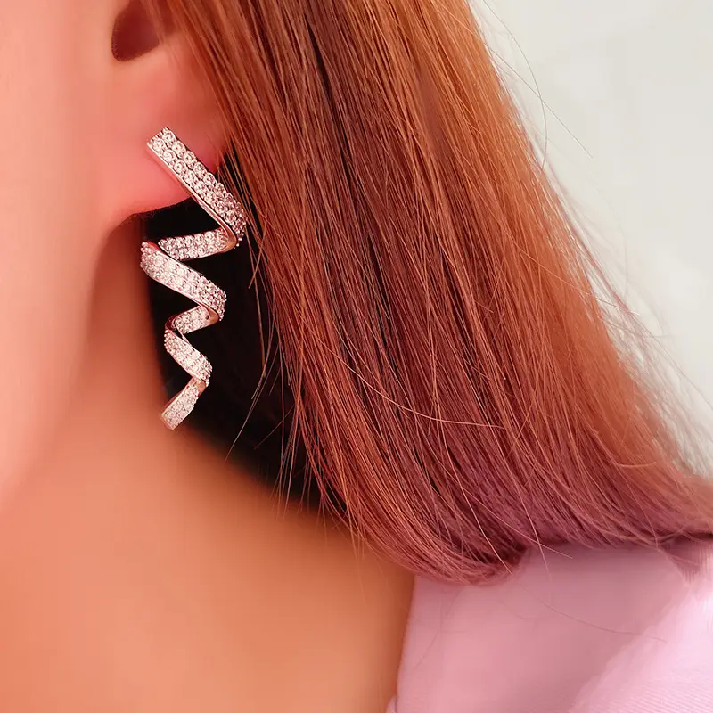 Huitan Rotational Ribbon Shaped Long Hanging Earrings for Women Sparkling CZ Trendy Luxury Female Accessories Creative Jewelry