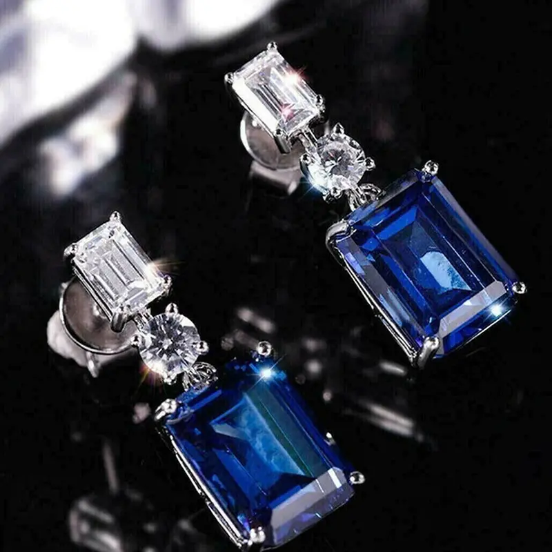 Huitan Luxury Blue CZ Hanging Earrings for Women Temperament Ear Accessories Wedding Party Fashion Versatile Female Jewelry Gift