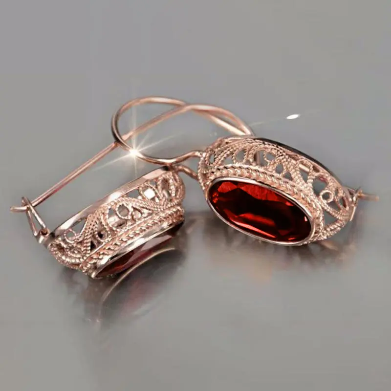 Huitan Oval Red/Blue Cubic Zircon Drop Earrings for Women Rose Gold Color Aesthetic Hollow Pattern Vintage Elegant Lady Jewelry